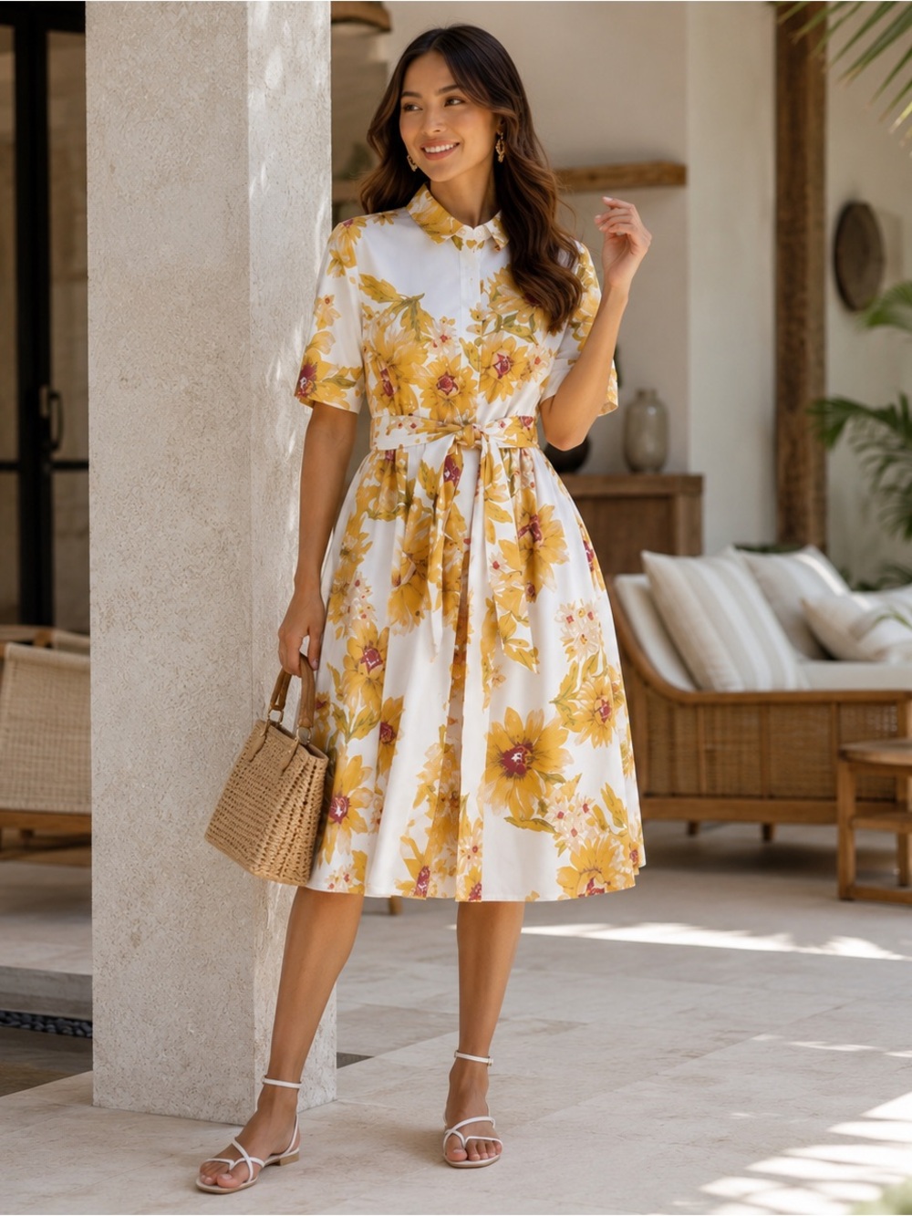 JASON WU Button Down Floral Sunflower Tie Belt A-line Shirt Midi Dress 3X Cotton